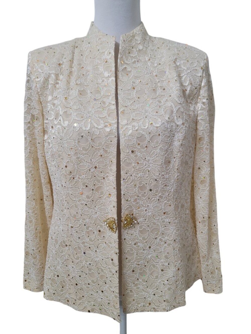 R&M Richards Size 14 Ivory / Cream Lace Overlay Brooch-Hook Closure Jacket